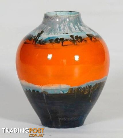 Vintage Handpainted Orange And Black Ceramic Vase
