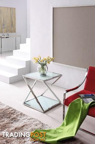 Nela Pollished Stainless Steel Side Table With Black Tempered Glass