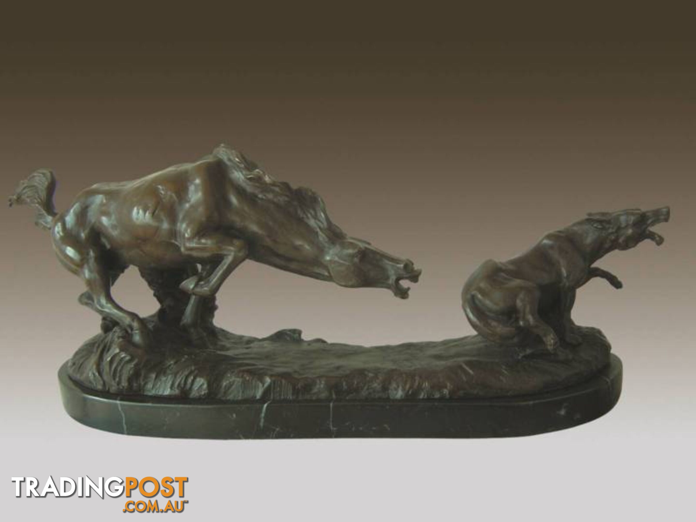 Wild Horse Fights Wolf Bronze Sculpture