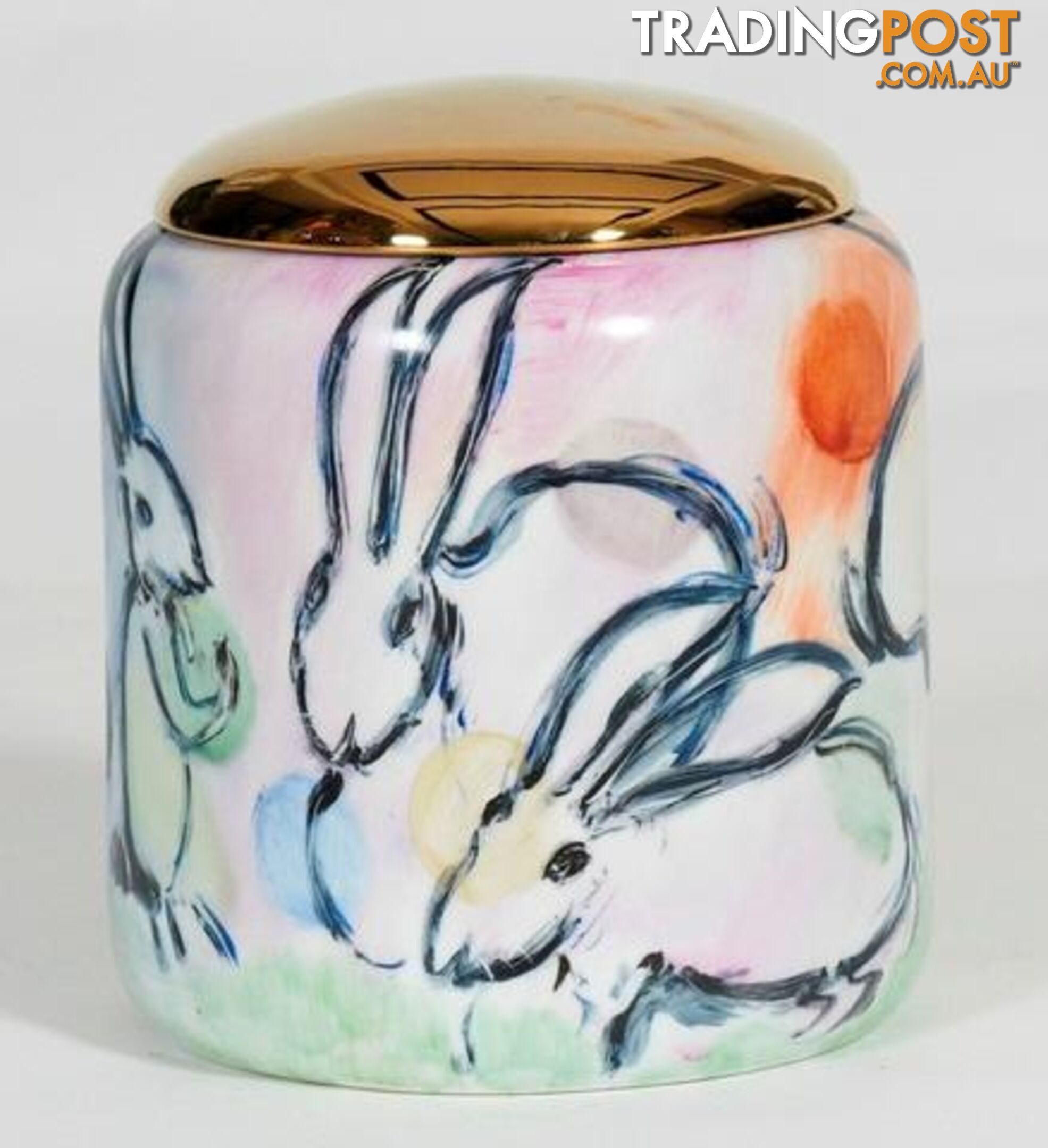 Golden Lid Container: Handpainted Rabits