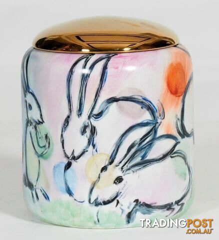 Golden Lid Container: Handpainted Rabits