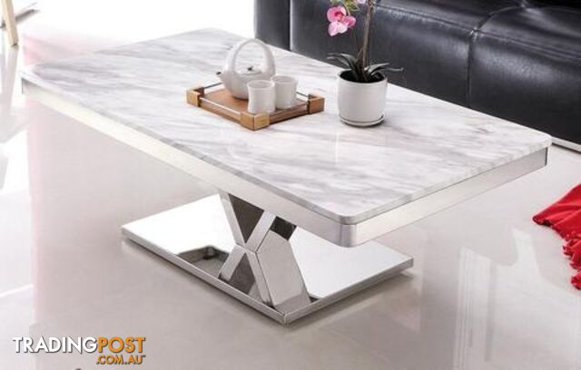 Maral Polished Stainless Steel Coffee Table With Faux Marble Top