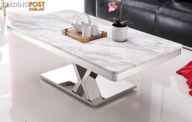 Maral Polished Stainless Steel Coffee Table With Faux Marble Top