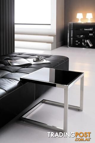 Malie Pollished Stainless Steel Sid Table With Black Tempered Glass.