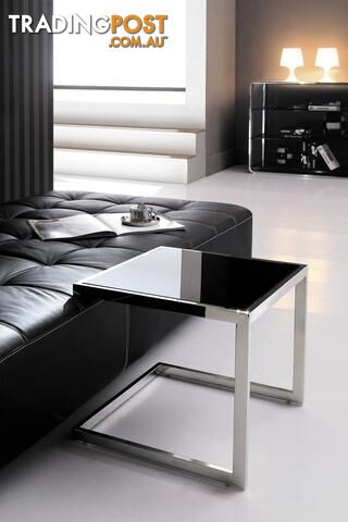 Malie Pollished Stainless Steel Sid Table With Black Tempered Glass.