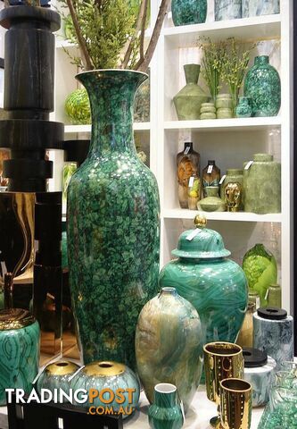 Large Handpainted Green Vase: Tropical Leaves