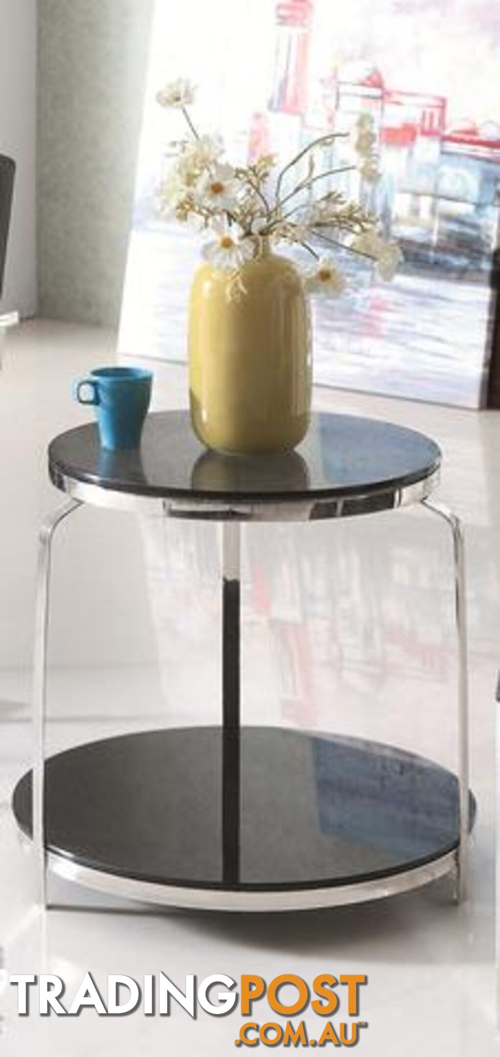 Coni Pollished Stainless Steel Side Table With Black Tempered Glass