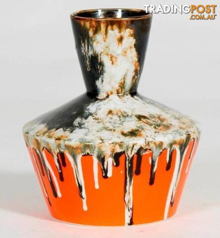 Large Geometric Textured Vintage Black And Orange Vase, Drip Pain