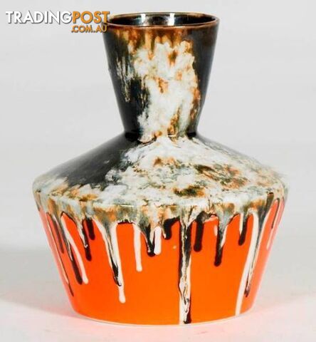 Large Geometric Textured Vintage Black And Orange Vase, Drip Pain