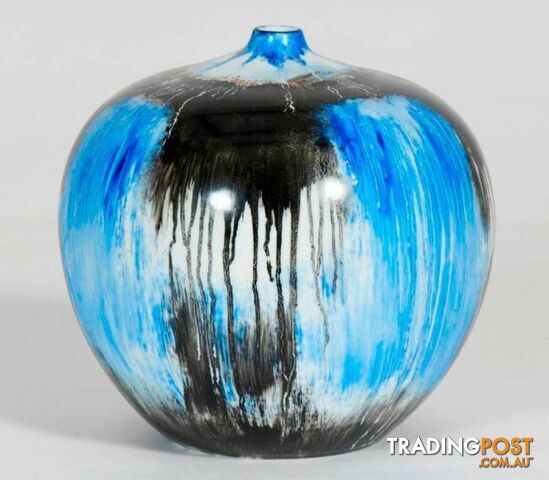 Round Vintage Vase : Black And Blue Drip Painting