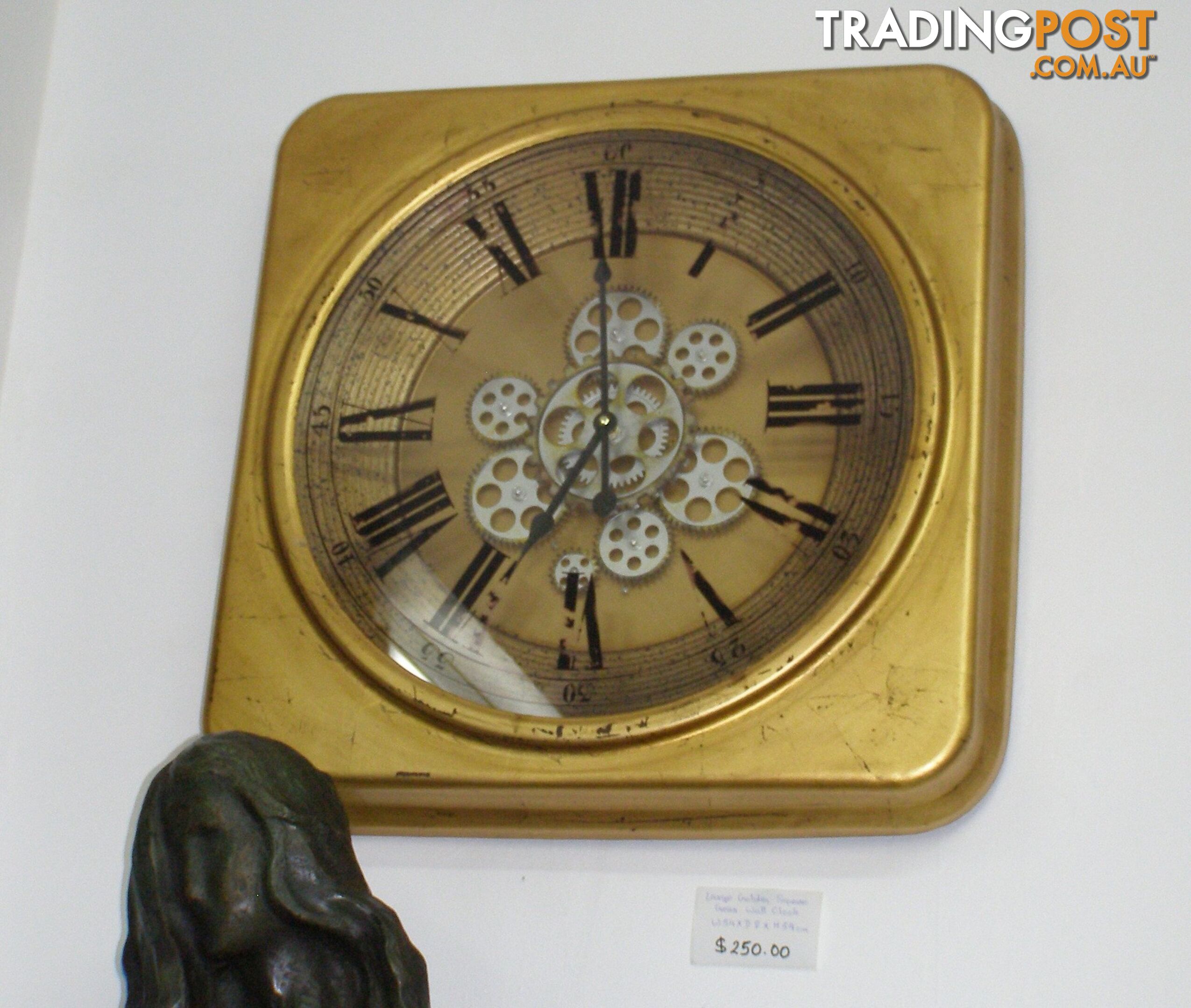 Large Golden Square Gear Wall Clock