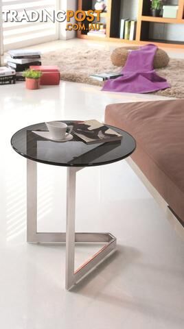 Dora Pollished Stainless Steel End Table With Black Tempered Glass.