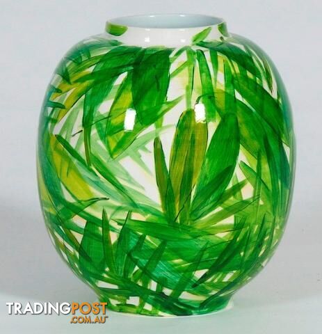 Vintage Handpainted Vase: Bamboo Leaves