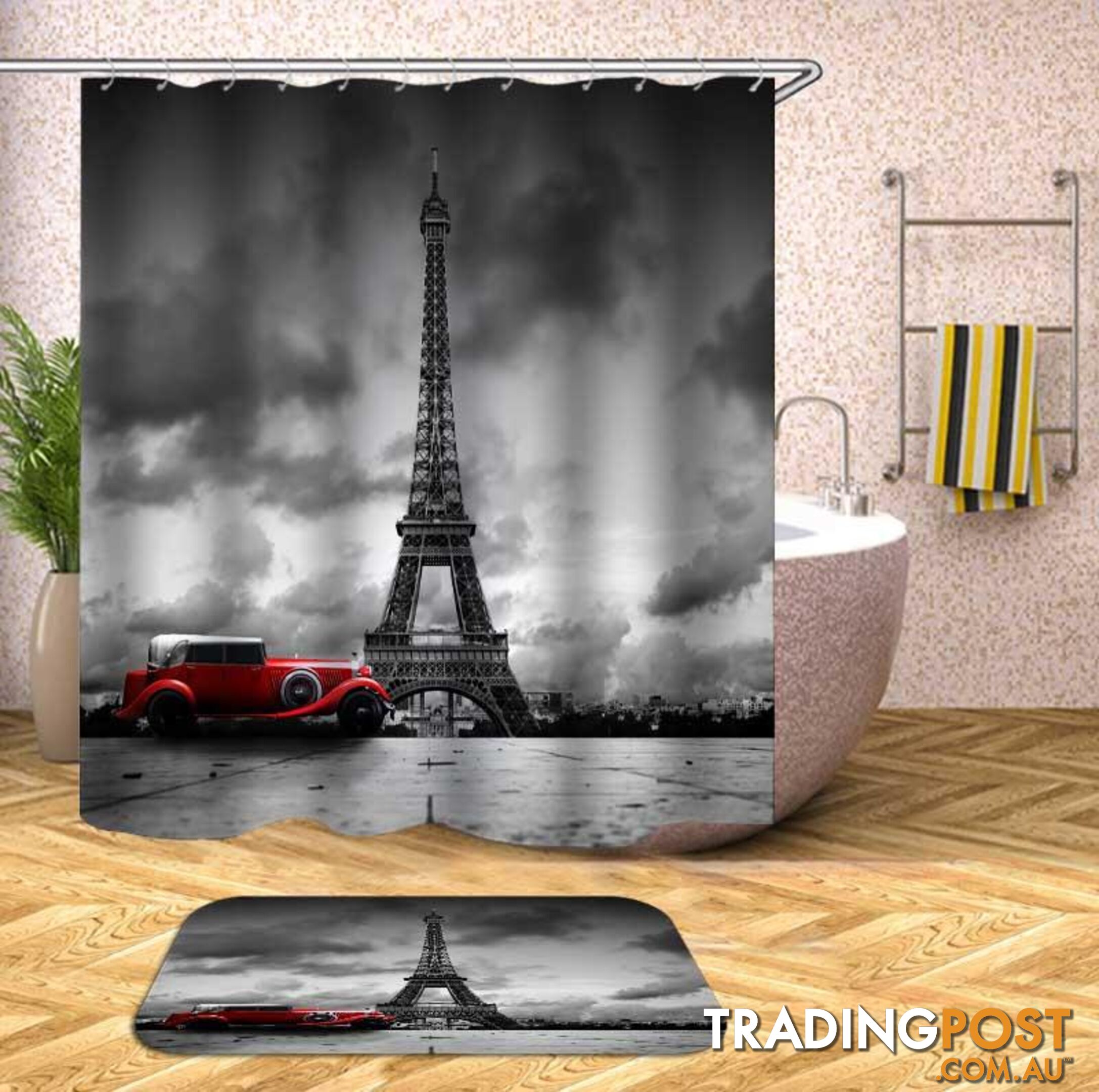 Classic Car At The Eiffel Tower Shower Curtain - Curtain - 7427046081474