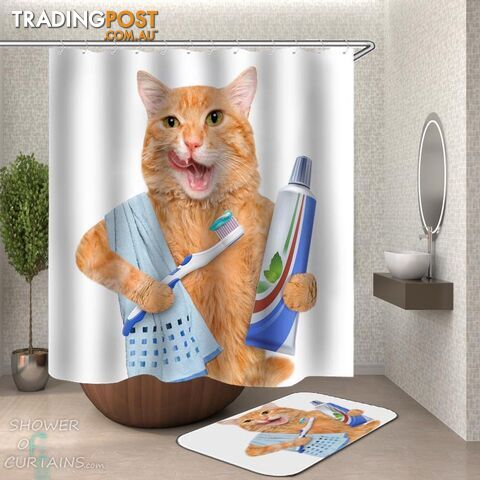 Cat Brushing Its Teeth Shower Curtain - Curtain - 7427046232951