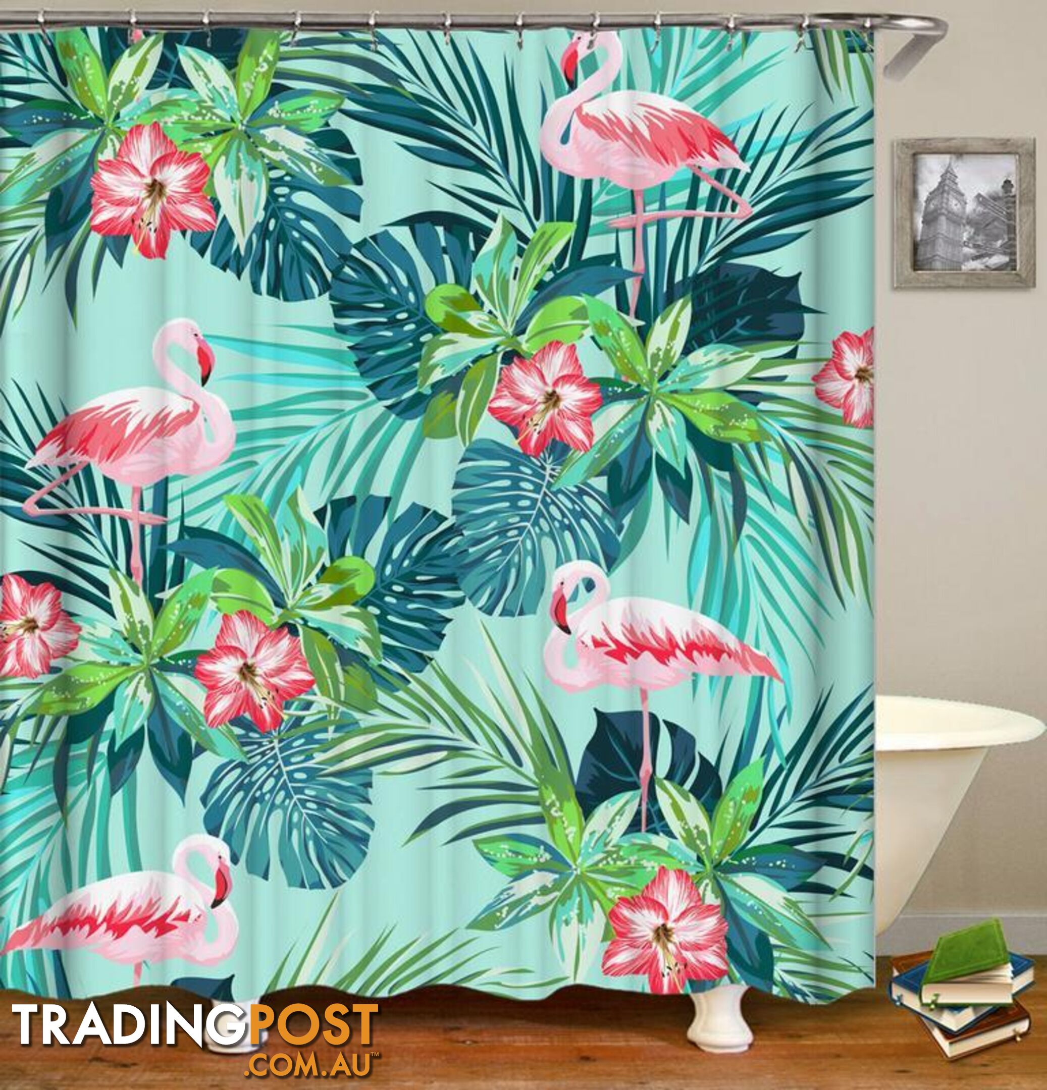 Flamingo And Tropical Green Shower Curtain - Curtain - 7427046013710