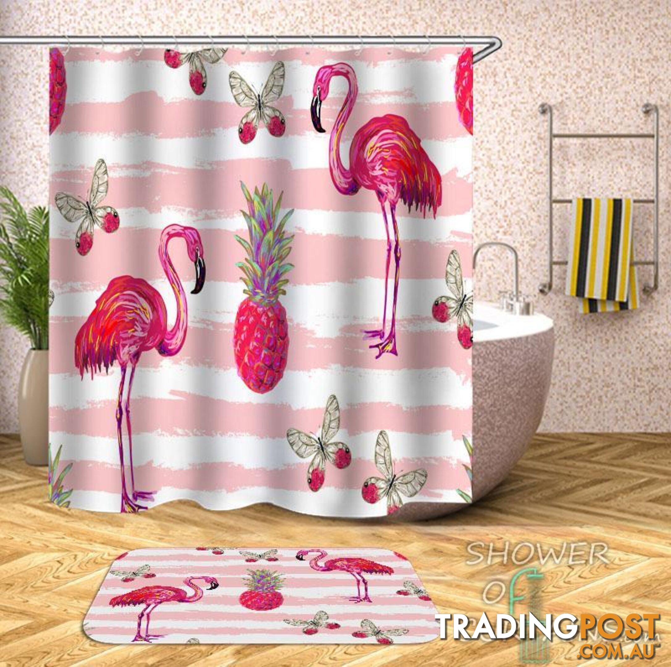 Flamingos Pineapple And Butterflies Pinkish Vibes Shower Curtain - Curtain - 7427046237222