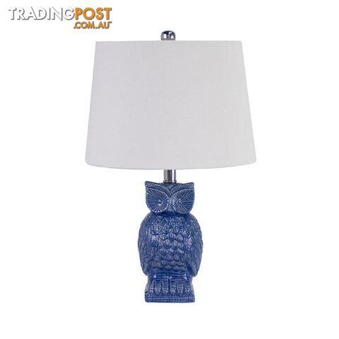 2 Blue Owl Bedside Lamp Mid Blue Gloss Ceramic With Shade - Bedside Lamp - 7427046210614