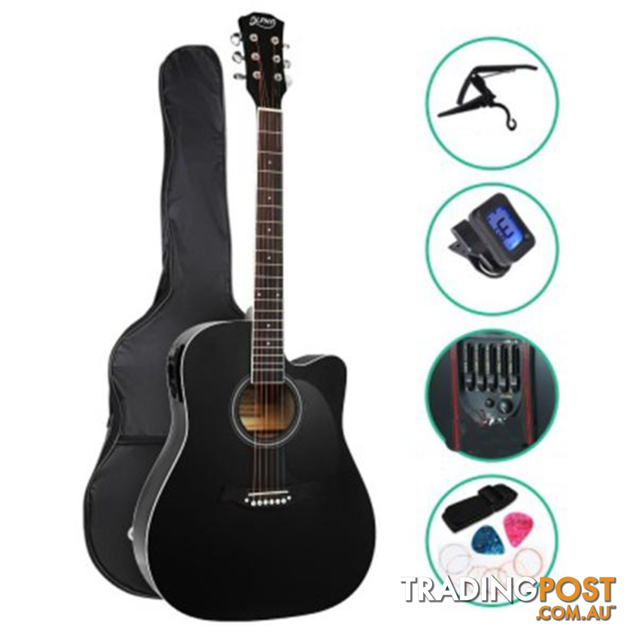 41 Inch Electric Acoustic Guitar Wooden Classical Full Size Capo Black - Alpha - 7427046200929