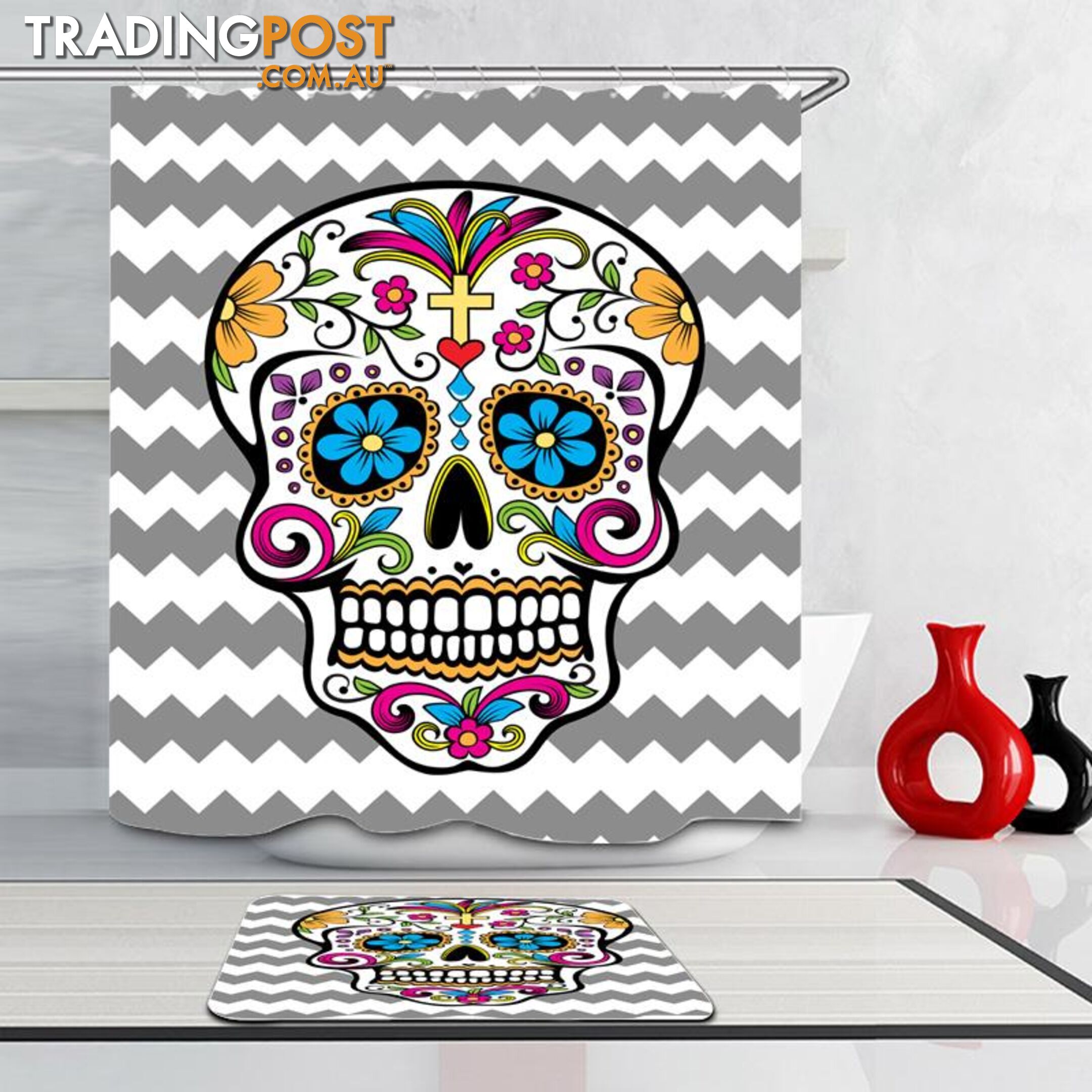 Sugar Skull Grey And White Chevron Shower Curtain - Curtain - 7427046038164