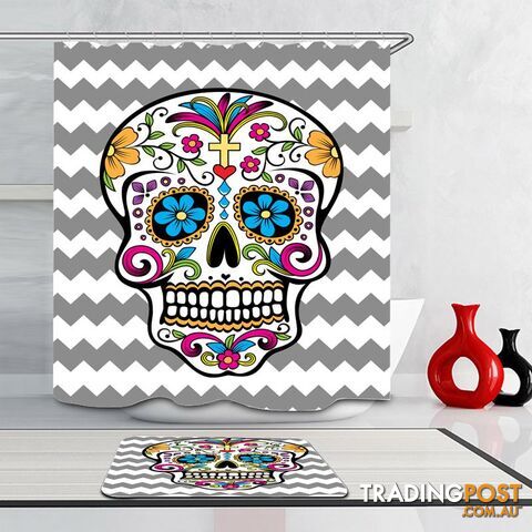 Sugar Skull Grey And White Chevron Shower Curtain - Curtain - 7427046038164