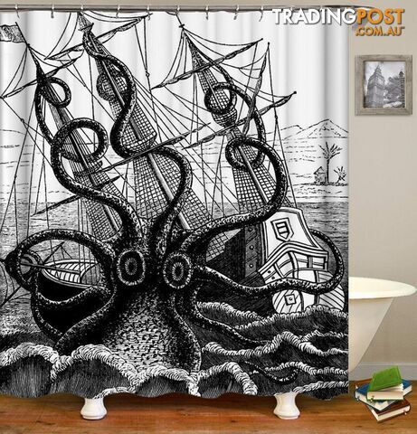 Black And White Kraken Attack Shower Curtain - Curtain - 7427046008112