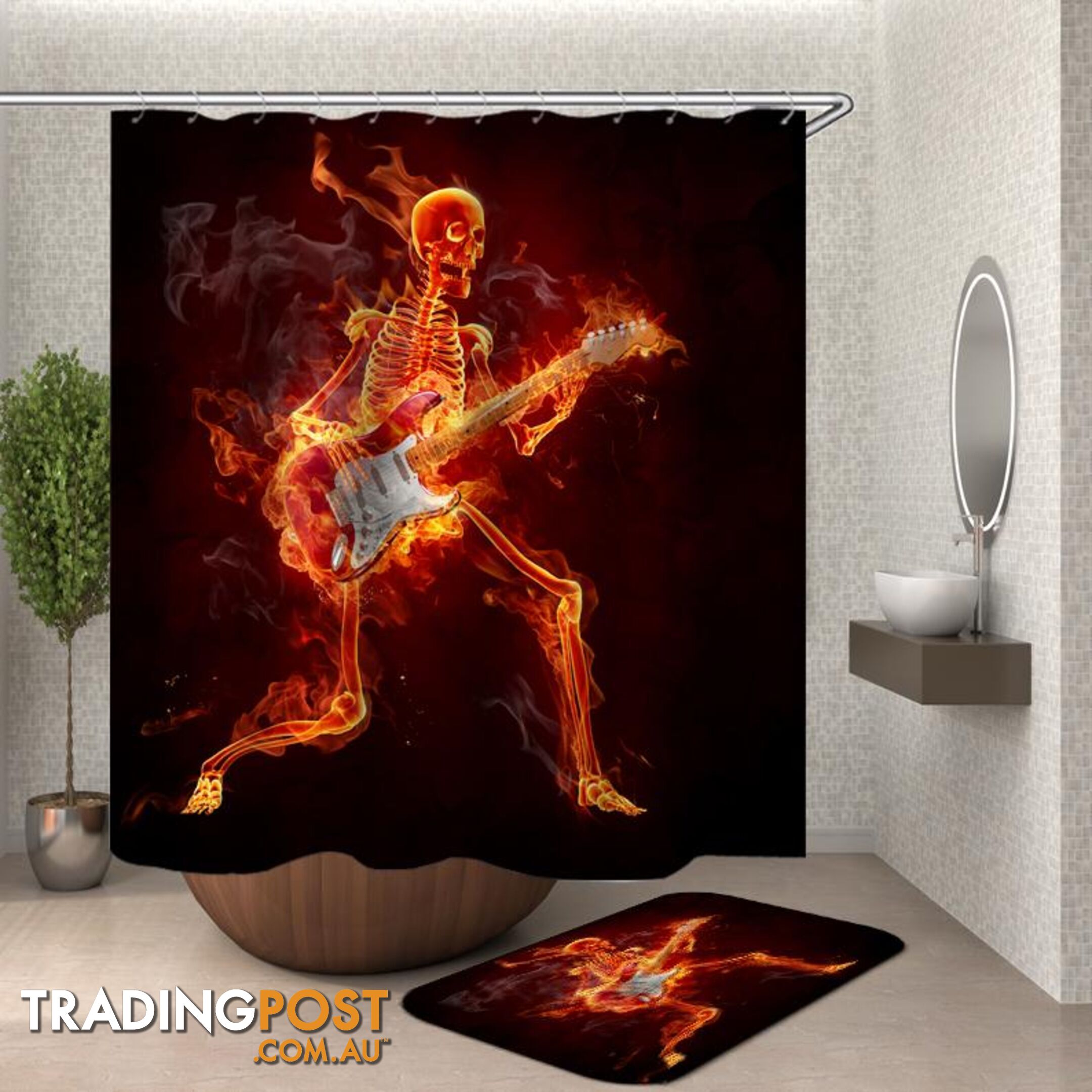 Jamming In Flames Skeleton Shower Curtain - Curtain - 7427046118811