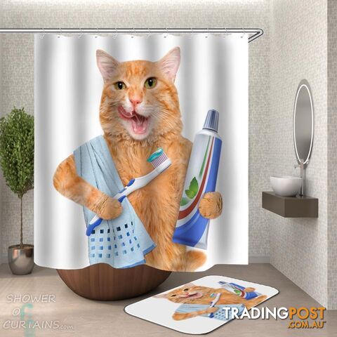 Cat Brushing Its Teeth Shower Curtain - Curtain - 7427046233149