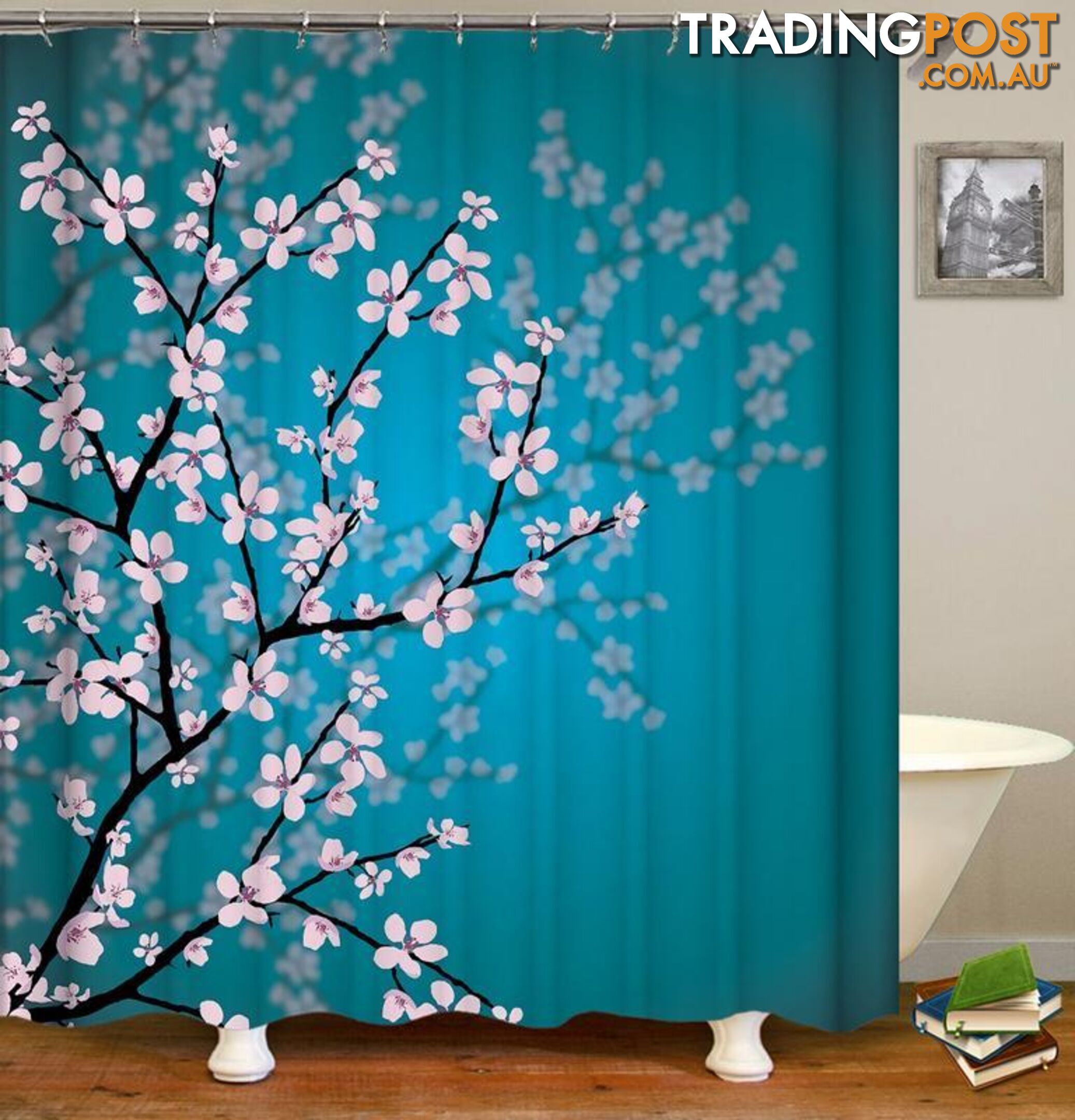 Cherry Blossom Over The Turquoise Shower Curtain - Curtain - 7427005941504