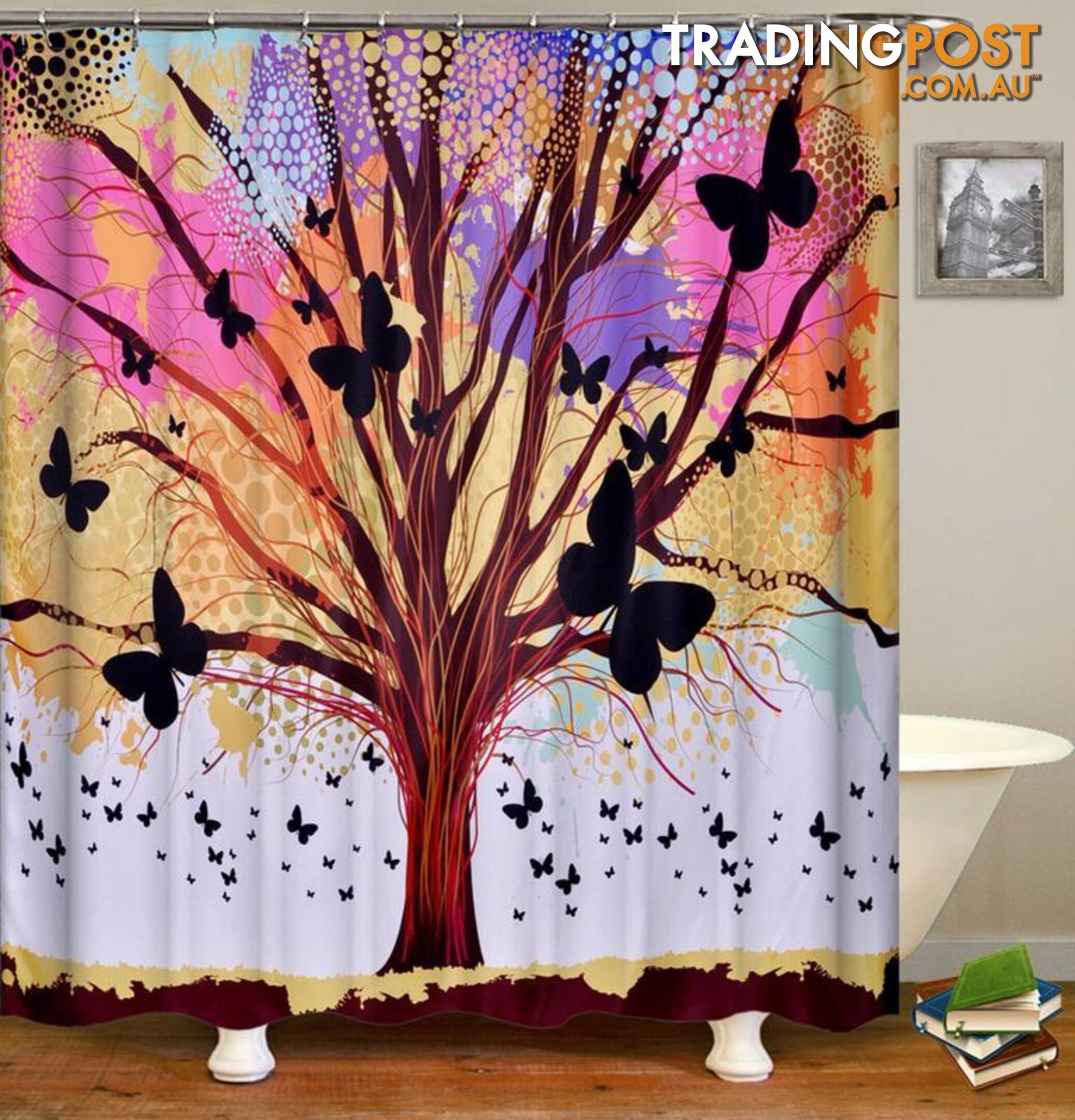 Pastel Colors Tree And Butterflies Shower Curtain - Curtains - 7427045954892