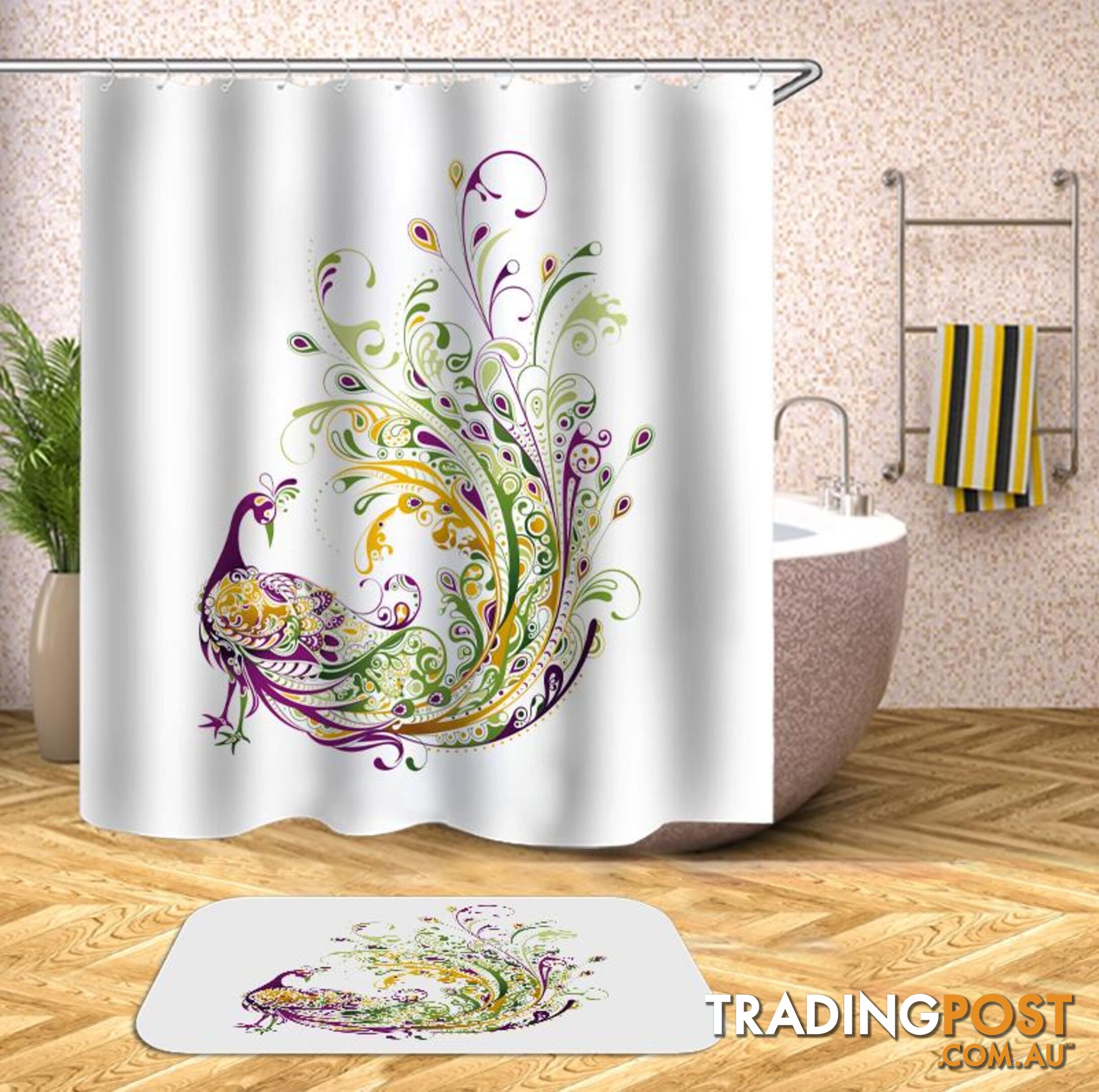 Green Yellow Purple Peacock Shower Curtain - Curtains - 7427045951730