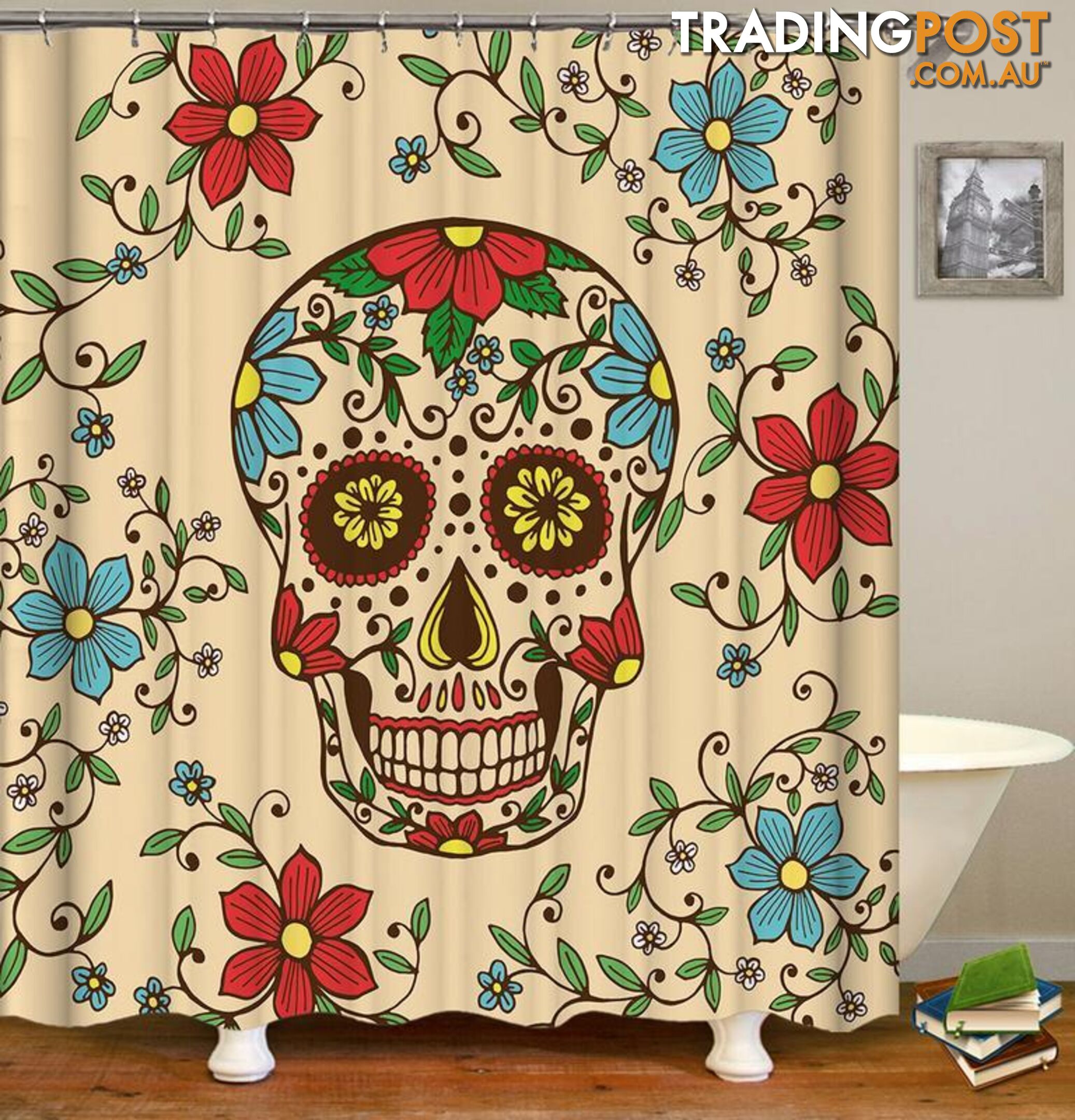 Red And Blue Flowers Skull Shower Curtain - Curtain - 7427046025942