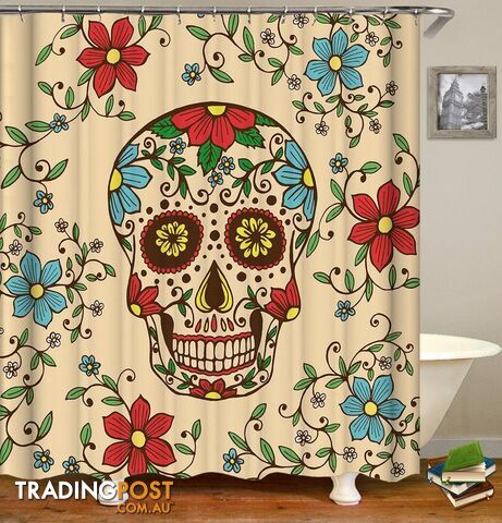Red And Blue Flowers Skull Shower Curtain - Curtain - 7427046025942