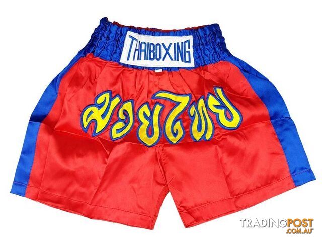 Adults Boxing Pants Satin Red Bluestrip - ThaiBoxing - 9476062140540