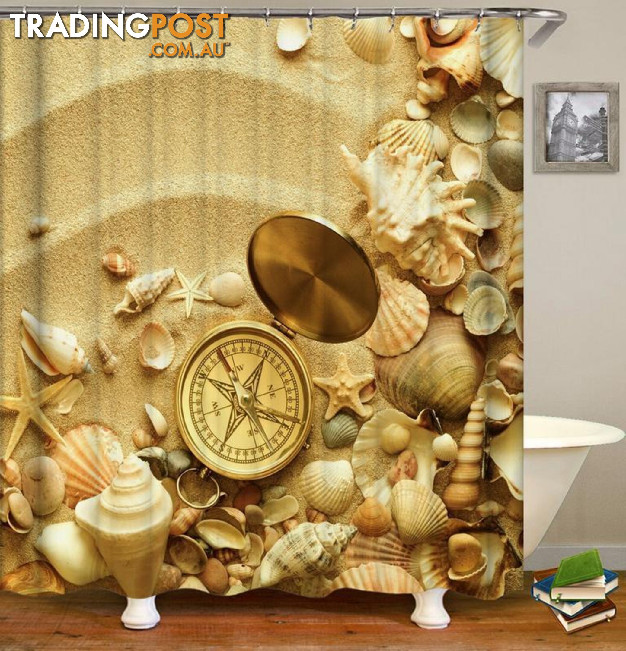 Shells And Compass On The Beach Shower Curtain - Curtain - 7427045993297