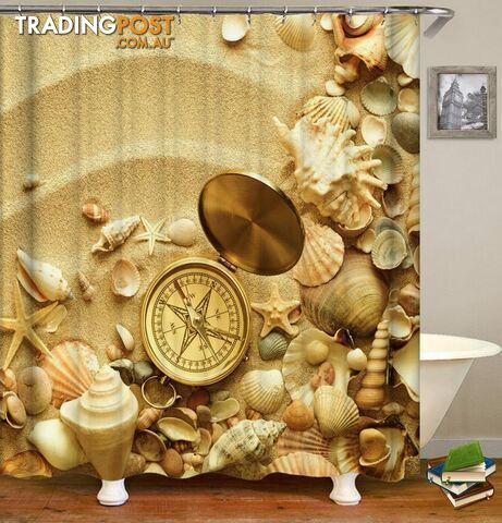 Shells And Compass On The Beach Shower Curtain - Curtain - 7427045993297
