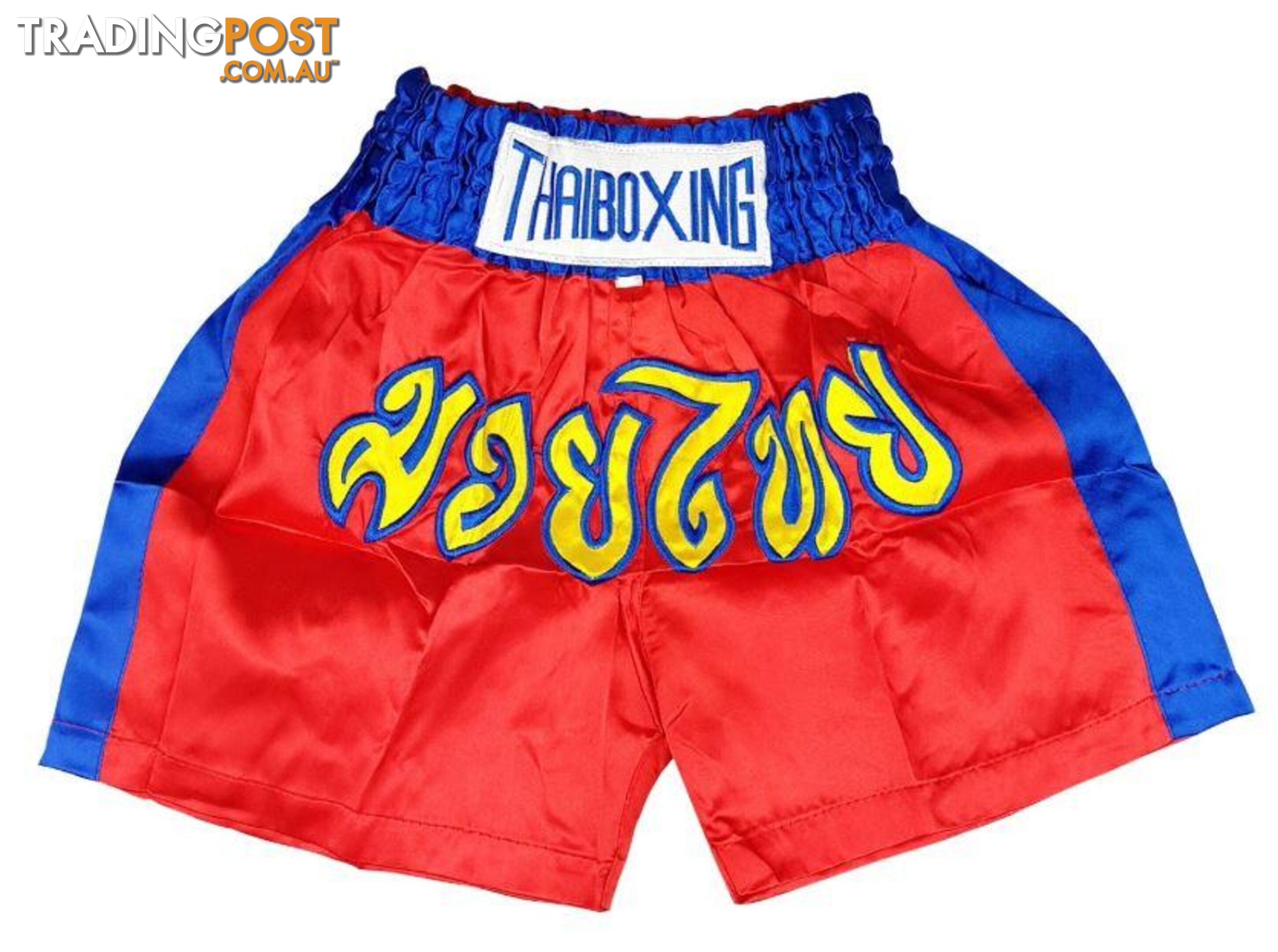 Adults Boxing Pants Satin Red Bluestrip - ThaiBoxing - 9476062140533