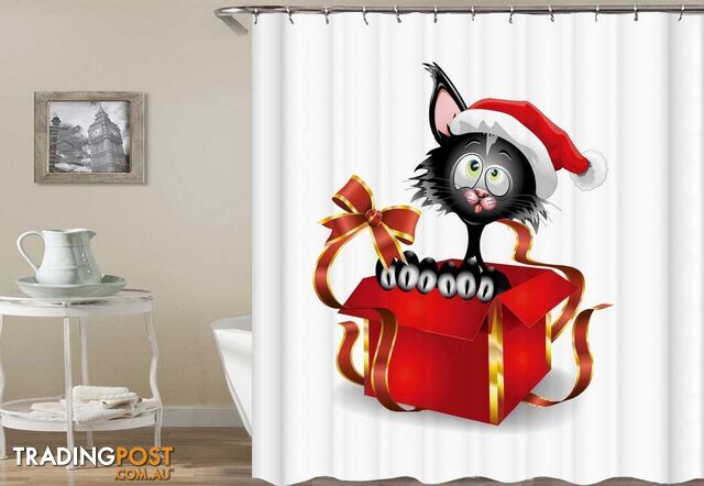 Santaâs Cat In A Gift Box Shower Curtain - Curtains - 7427046065498