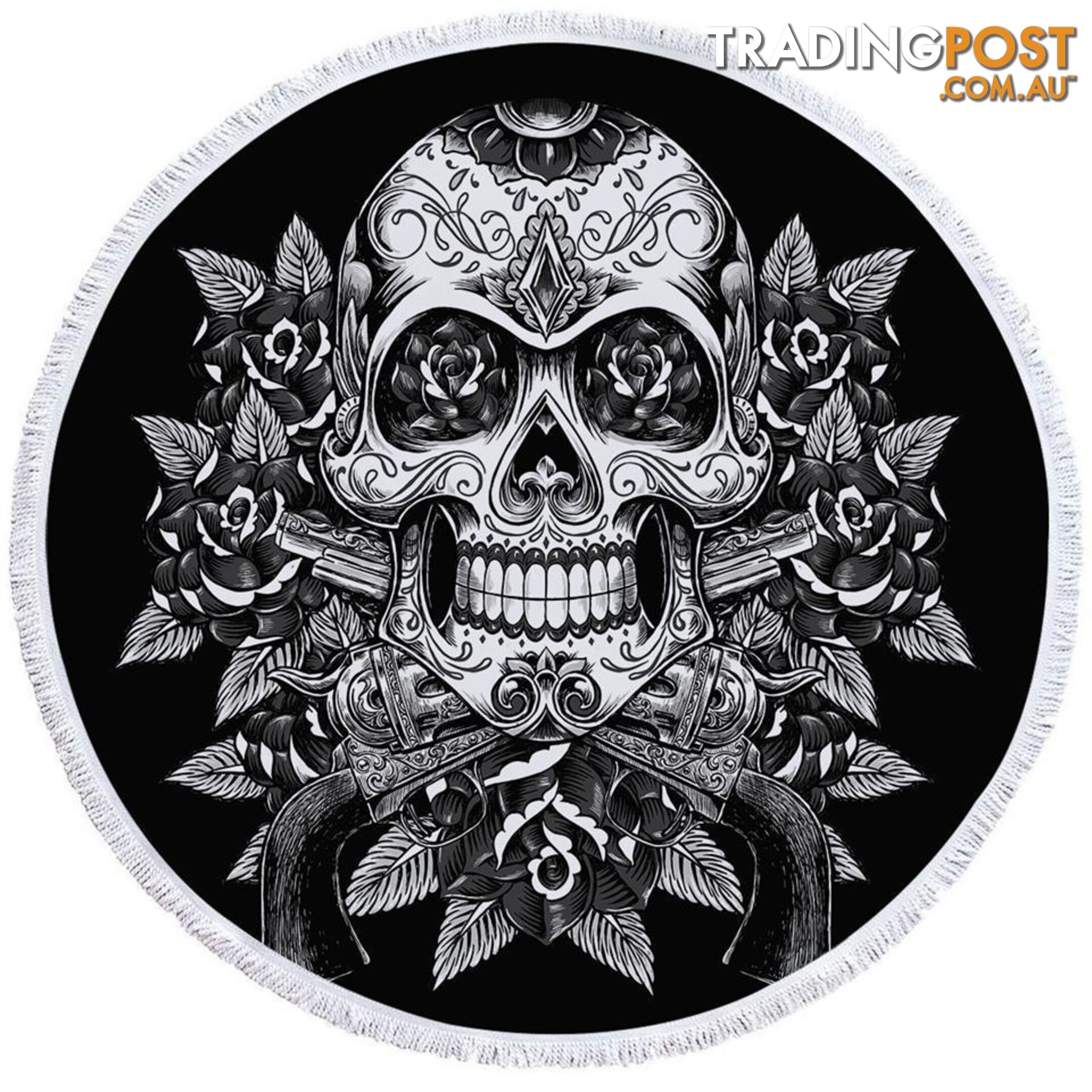 Black and White Skull Guns and Roses Beach Towel - Towel - 7427046320801