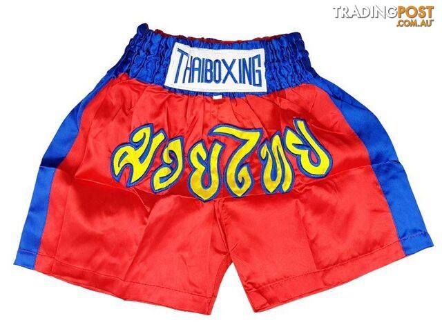 Adults Boxing Pants Satin Red Bluestrip - ThaiBoxing - 9476062140564
