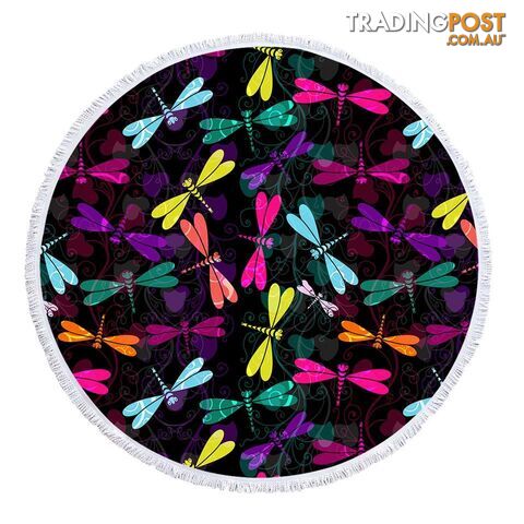 Colorful Dragonflies Over Black Beach Towel - Towel - 7427046343824