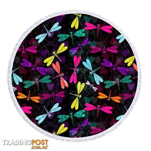 Colorful Dragonflies Over Black Beach Towel - Towel - 7427046343824