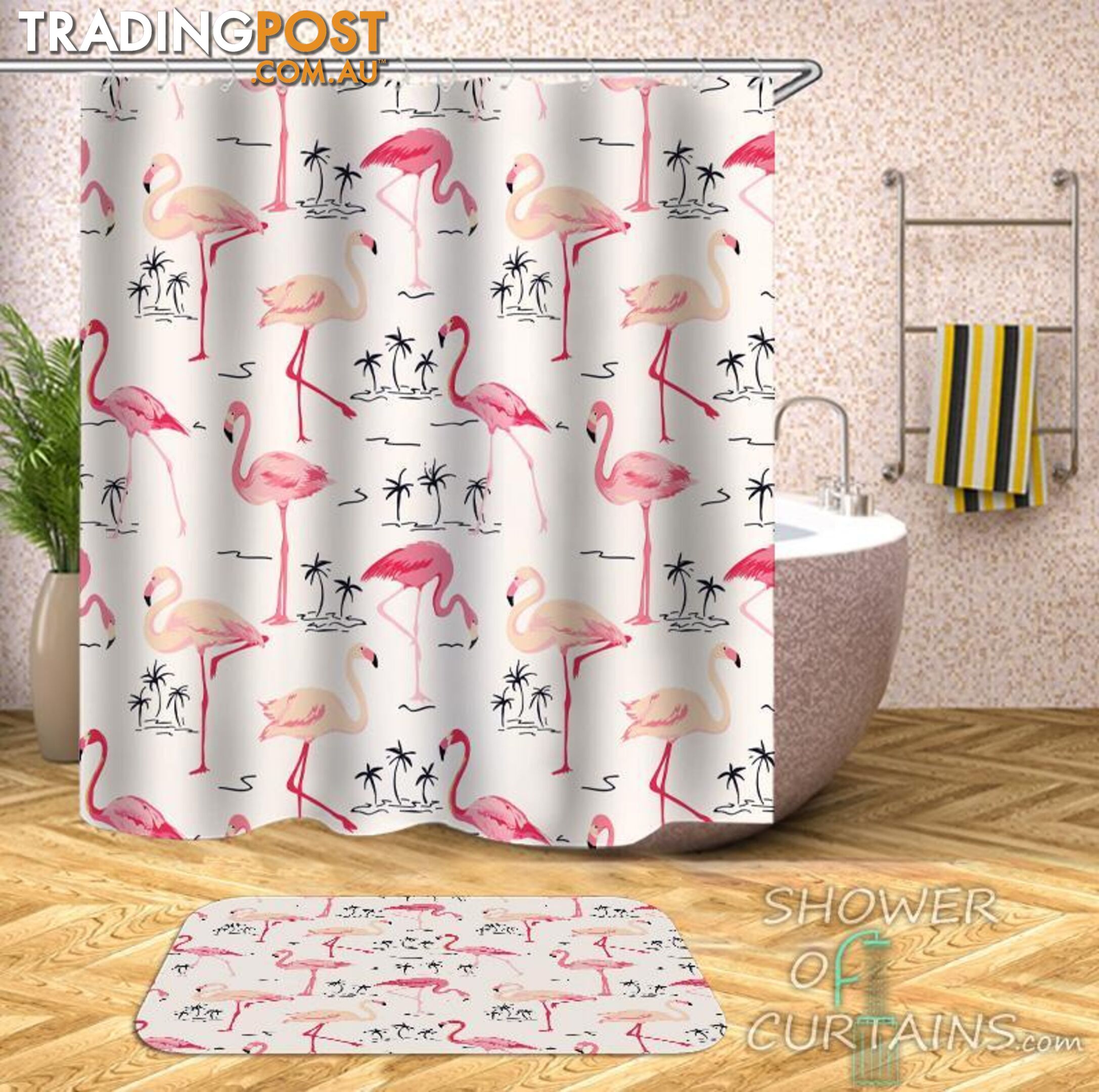 Flamingos And Palms Pattern Shower Curtain - Curtain - 7427046279536