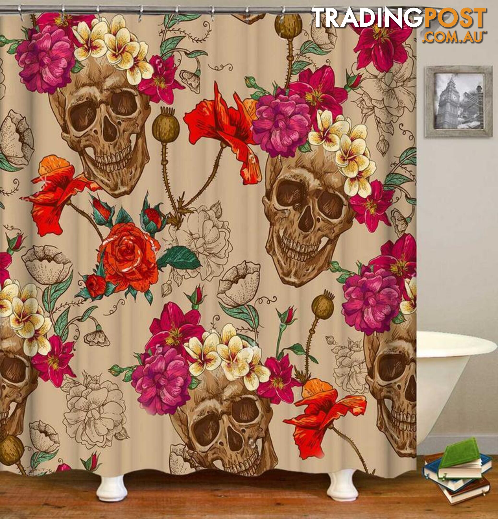 Fresh Flowers Fit Skulls Painting Shower Curtain - Curtains - 7427046060202