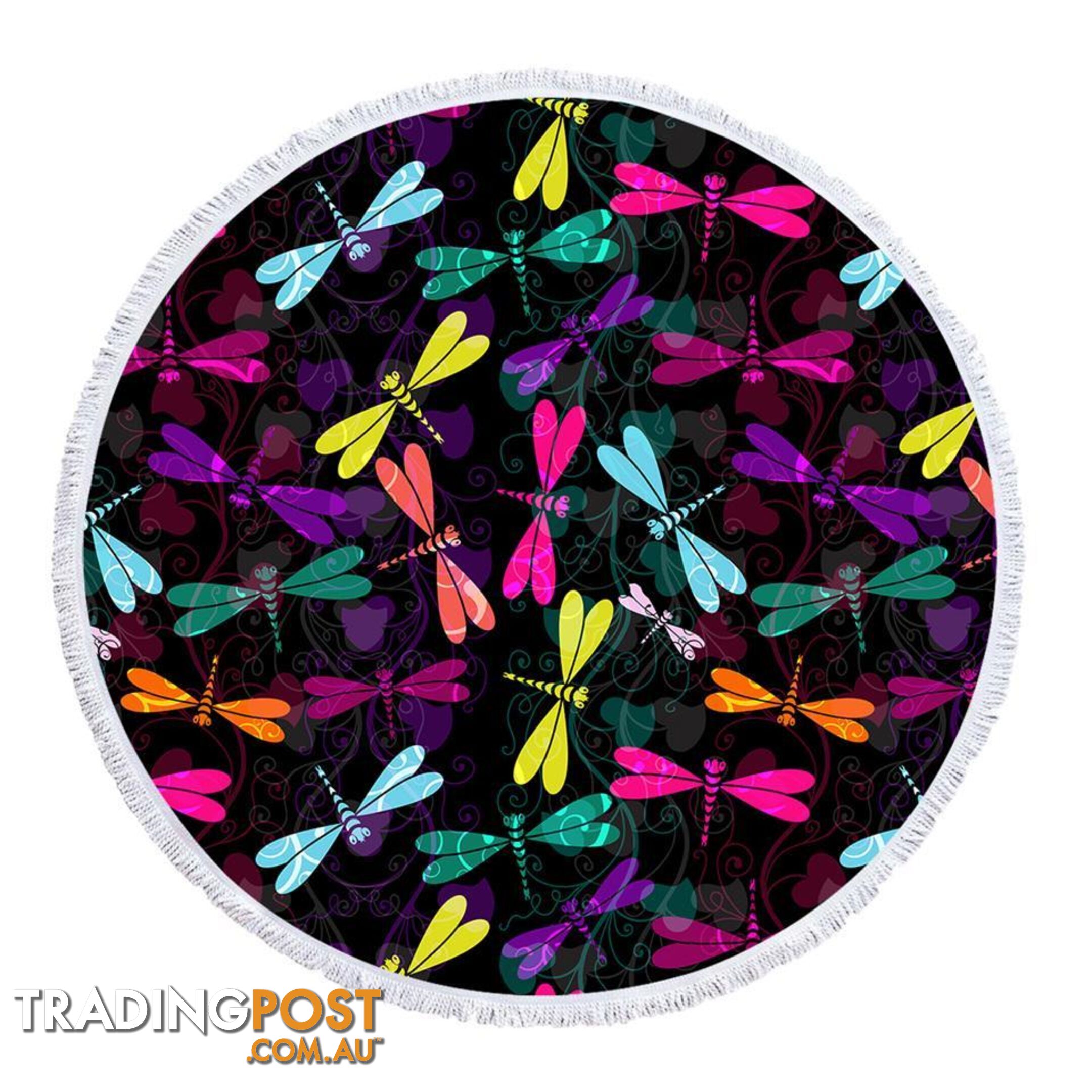 Colorful Dragonflies Over Black Beach Towel - Towel - 7427046343800