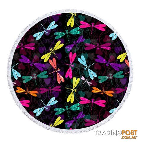 Colorful Dragonflies Over Black Beach Towel - Towel - 7427046343800