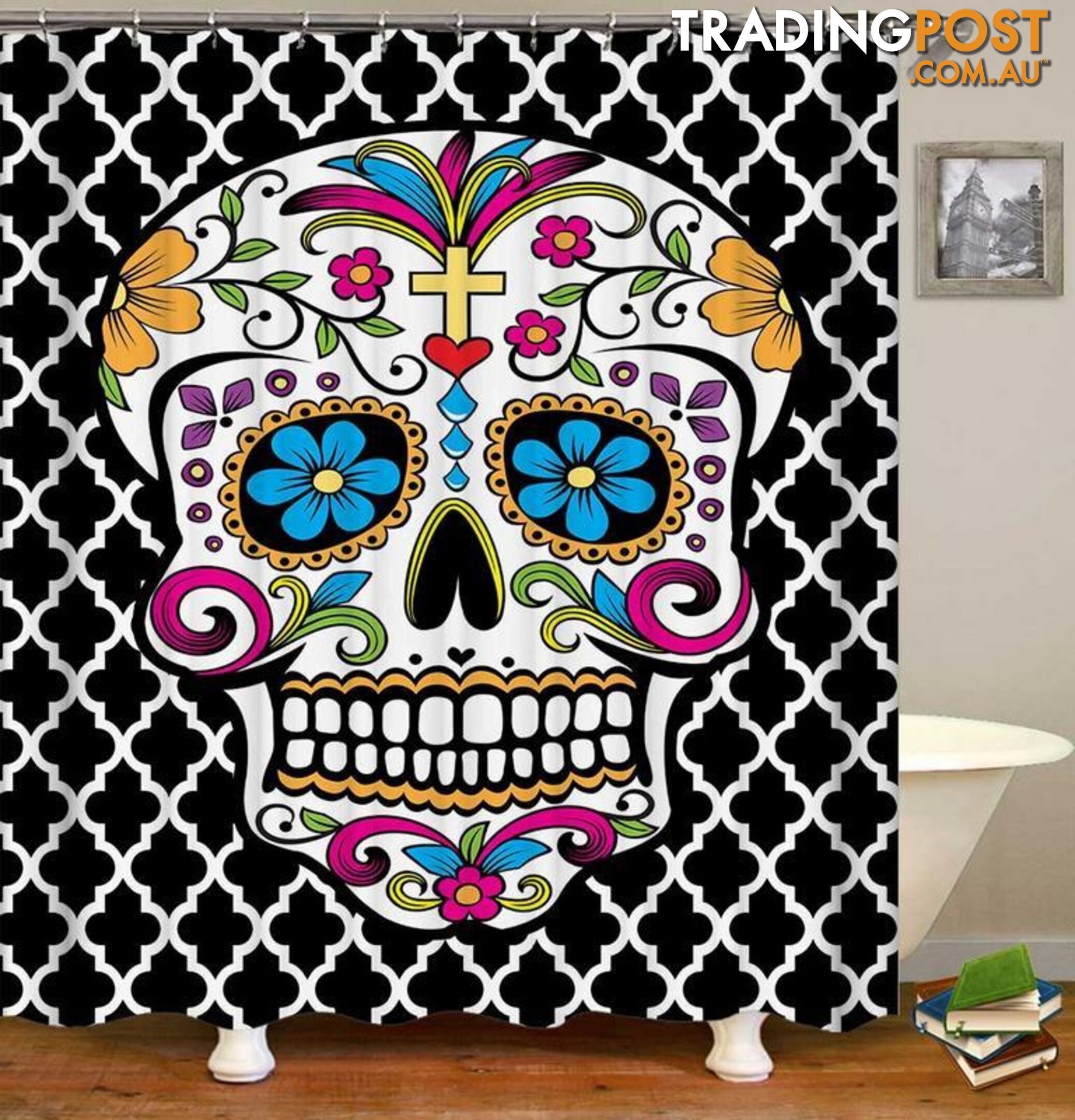 Sugar Skull Over Moroccan Shape Pattern Shower Curtain - Curtains - 7427046059688