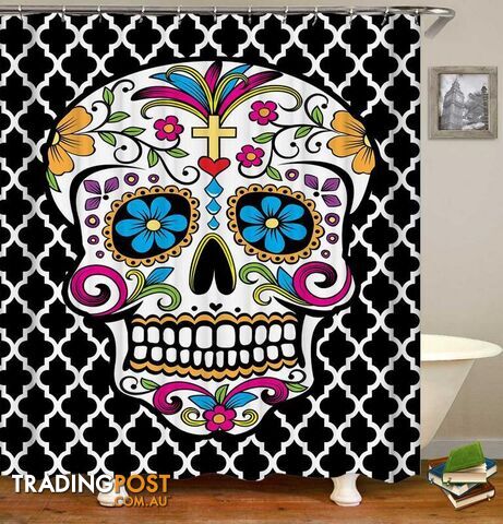 Sugar Skull Over Moroccan Shape Pattern Shower Curtain - Curtains - 7427046059688