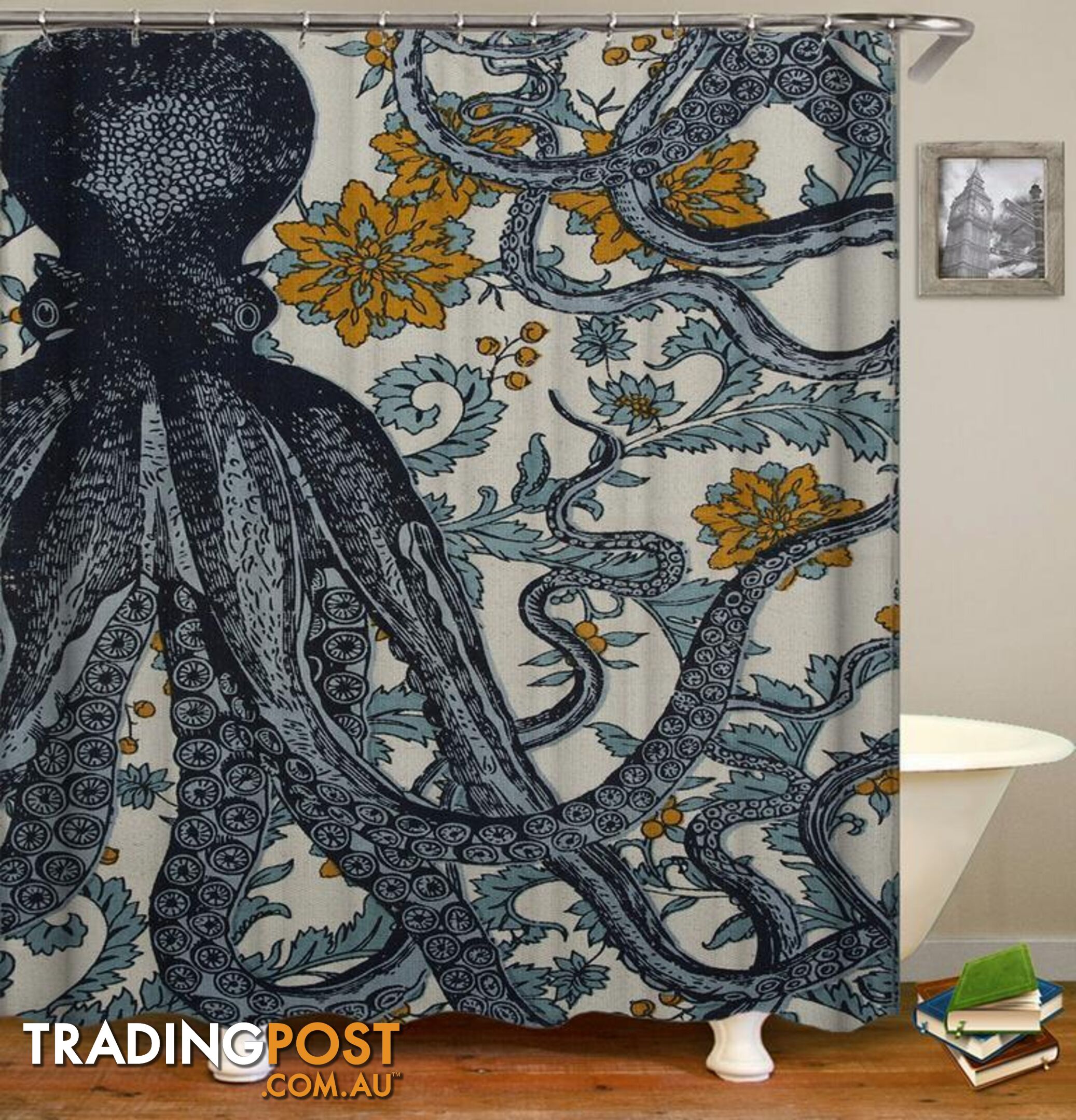 Vintage Octopus Flowery Background Shower Curtain - Curtain - 7427046004275