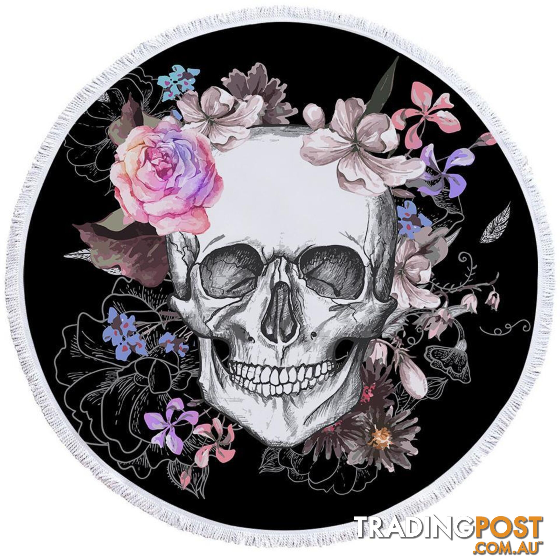 Floral Skull Drawing Beach Towel - Towel - 7427046312295